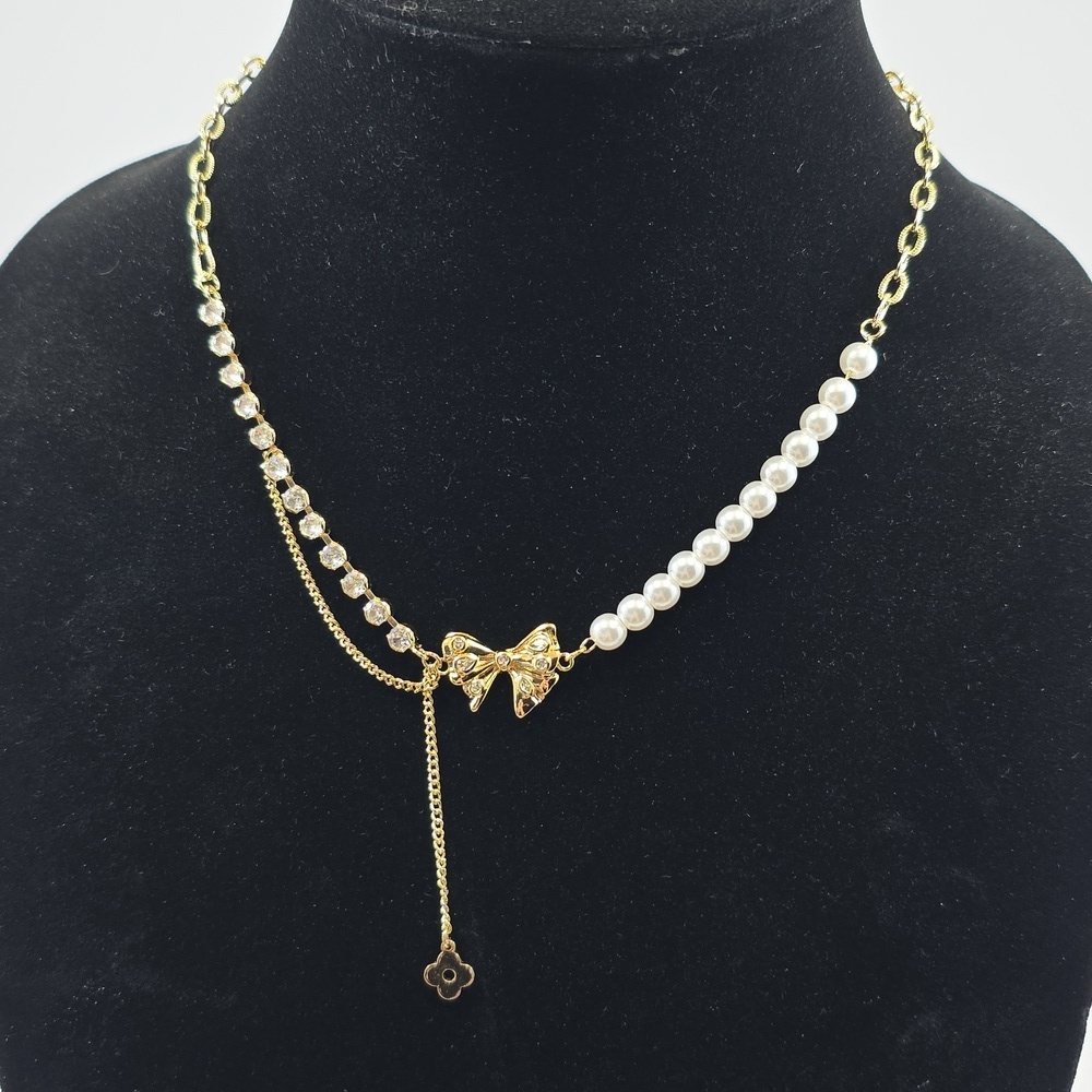 Gold Plated Pearl & Simulated Diamond Bow Necklace – Valentine’s Gift
